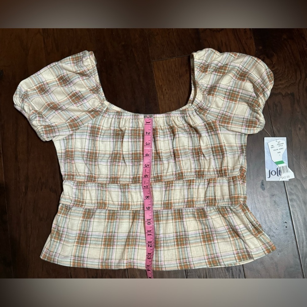 JOLT Women’s Plaid Print Short Puff Sleeve Flutter Top Size Large NWT - Picture 6 of 11
